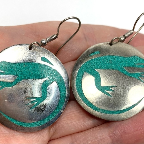 Alpaca Mexico Earrings Dangles Artisan Vintage Lizard Inlaid Turquoise - Picture 11 of 11